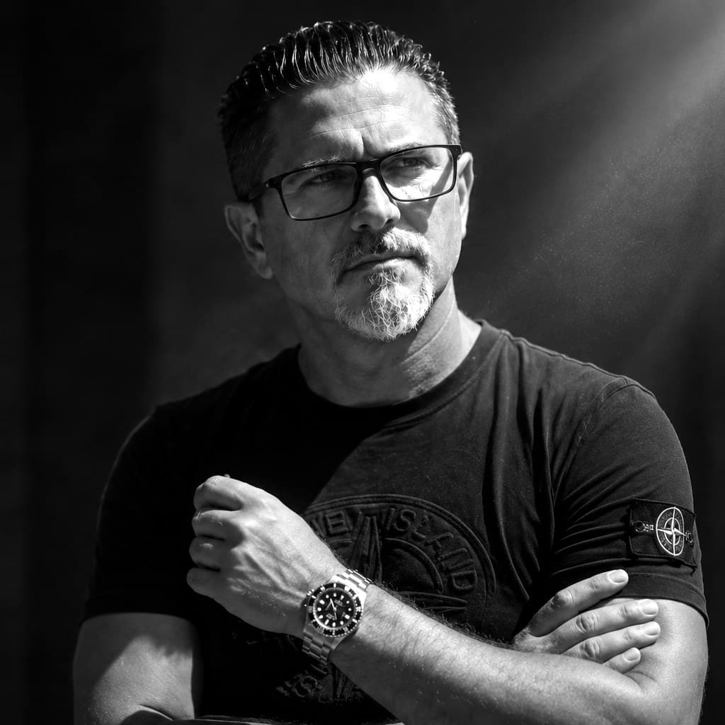 Michael Kolar, genannt Mischa, mit verschränkten Armen im Seitenlicht, der Blick geht zur Seite. Schwarz-Weiß-Porträt.